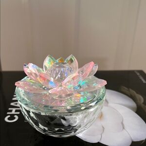 Lotus Design Crystal Trinket Box - 4" - Clear and Blush Pink